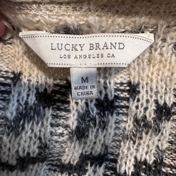 Lucky Brand Cardigan Sweater Boho Stripe Aztec Open Front Neutral MED #7W51782 - Picture 2 of 10